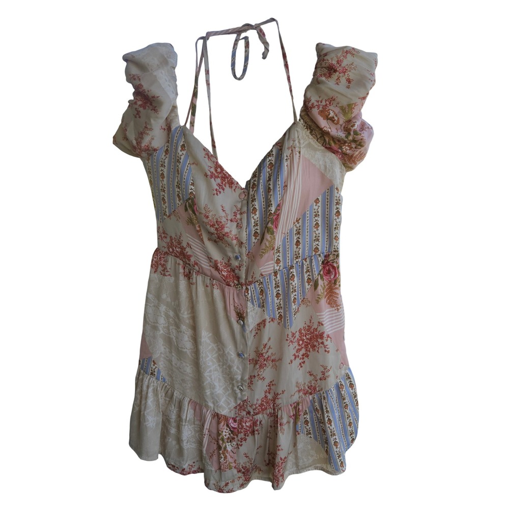 Kimchi Blue Patchwork Floral Mini Dress Multicolor Smocked Back Halter SZ M NEW